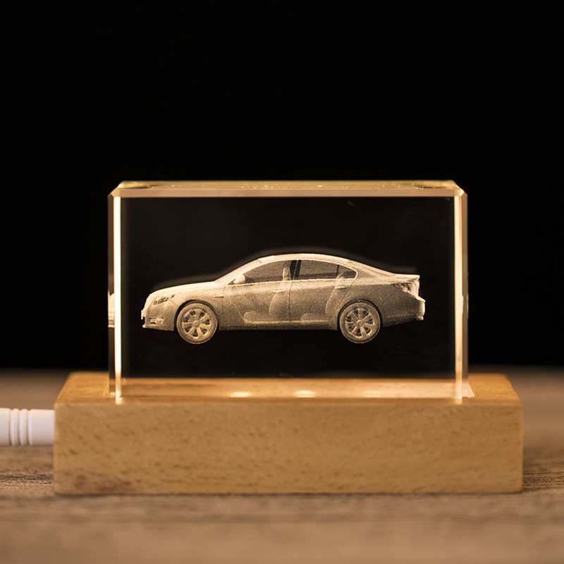 木质发光底座水晶内雕摆件定制 水晶汽车内雕3d汽车模型内
