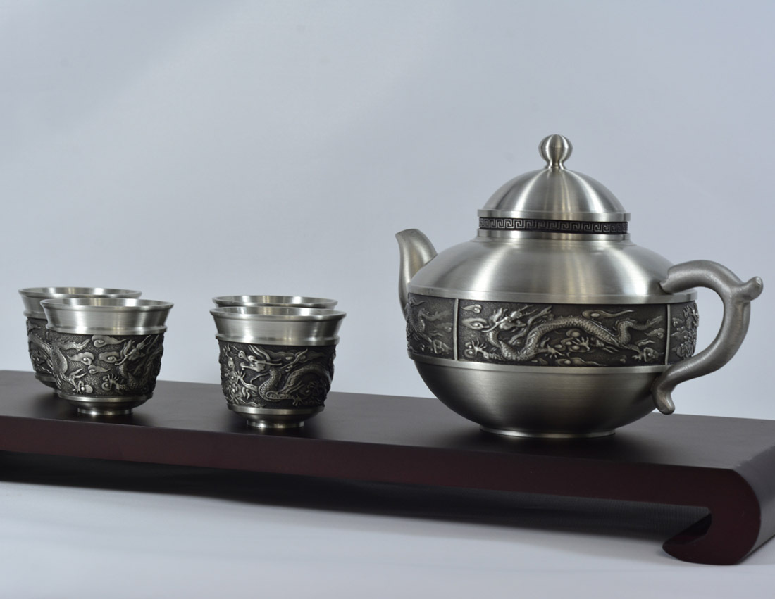 纯锡瑞气东升茶具套装 马来西亚纯手工锡器 茶杯茶壶套装