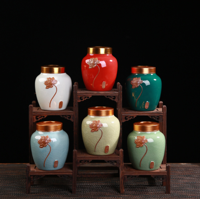哥窑浮雕陶瓷茶叶罐红茶绿茶金属盖密封储存罐定制LOGO