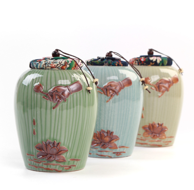 浮雕陶瓷茶叶罐 软木塞密封罐 陶瓷干果储物罐定制LOGO