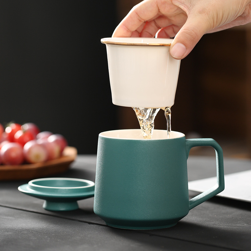 陶瓷泡茶杯个人马克杯带盖办公室水杯水分离杯定制