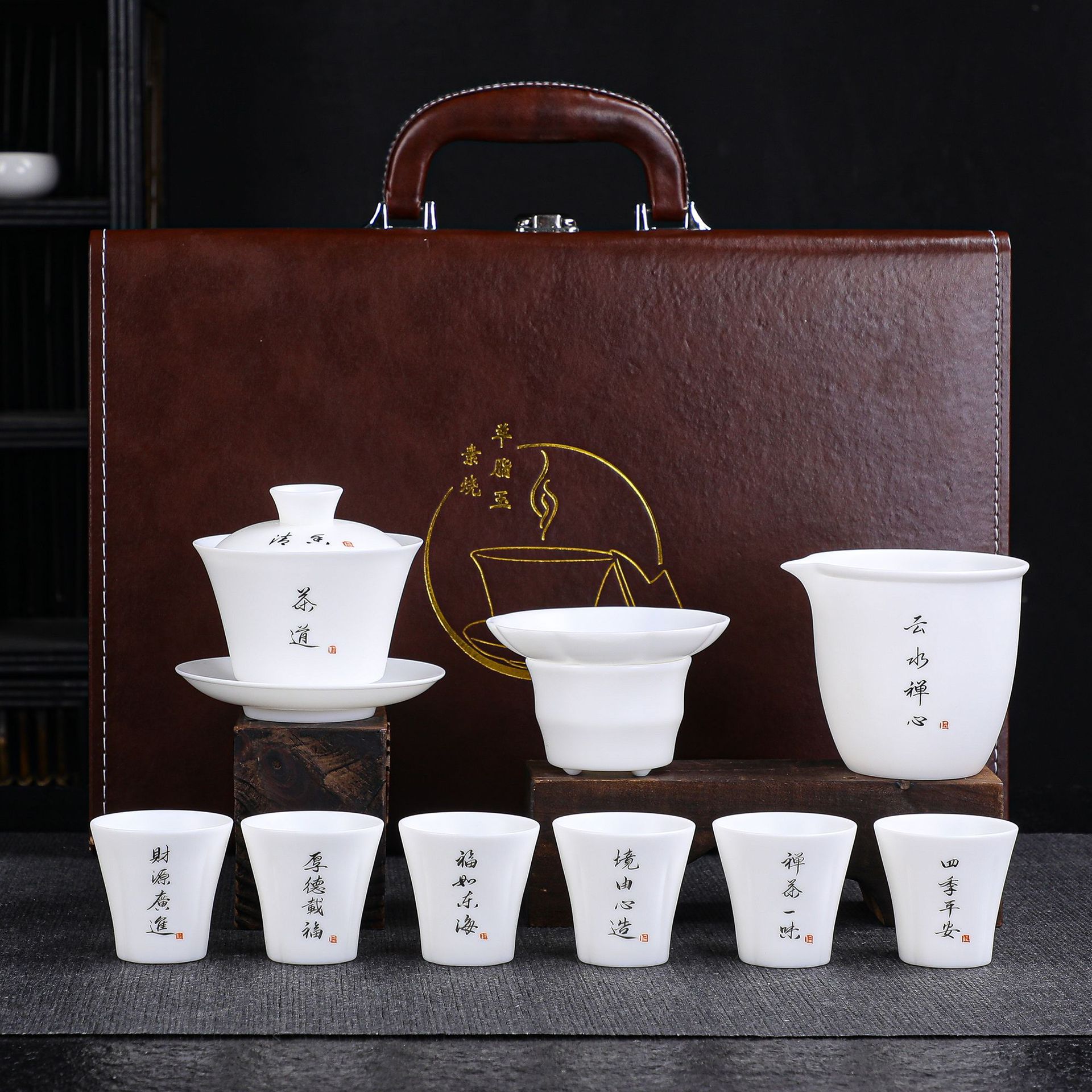 羊脂玉瓷茶具套装甜白瓷盖碗茶杯陶瓷定制logo