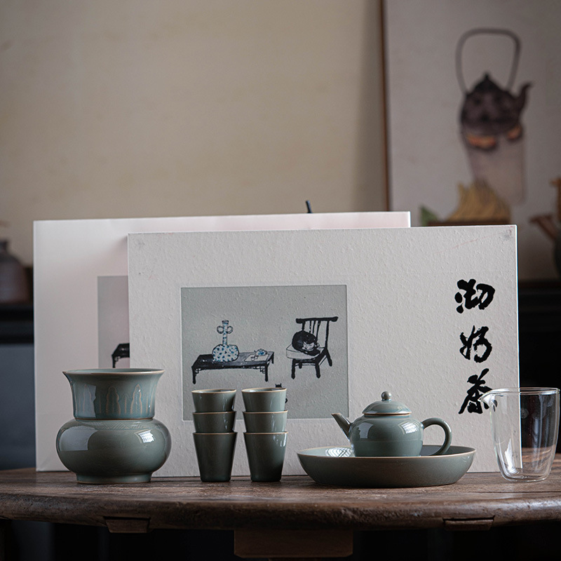 越窑青瓷茶具套装日式复古家用简约功夫茶定制logo